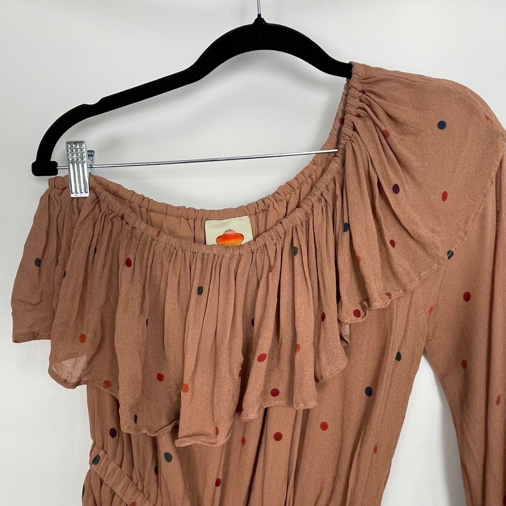 FARM Rio Women's Brown Ruffle One Shoulder Polka Dot Midi Dress Size Small - Picture 6 of 8